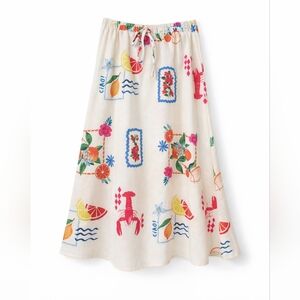 Colorful Tropical Print Midi Skirt – Fruit, Lobster & “Ciao” Motif, Size Large